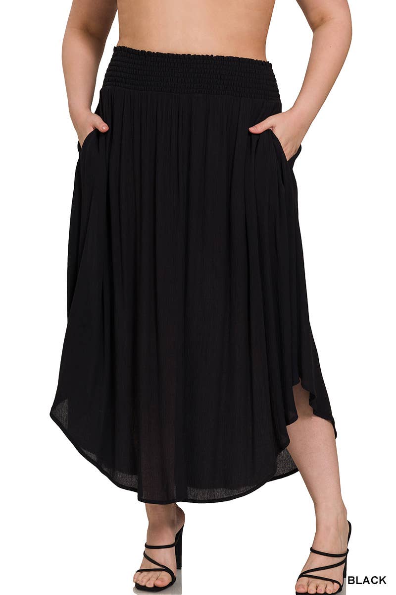 .0225 Plus Smocked Waist Side Slit Maxi Skirt with Pockets SI-2592