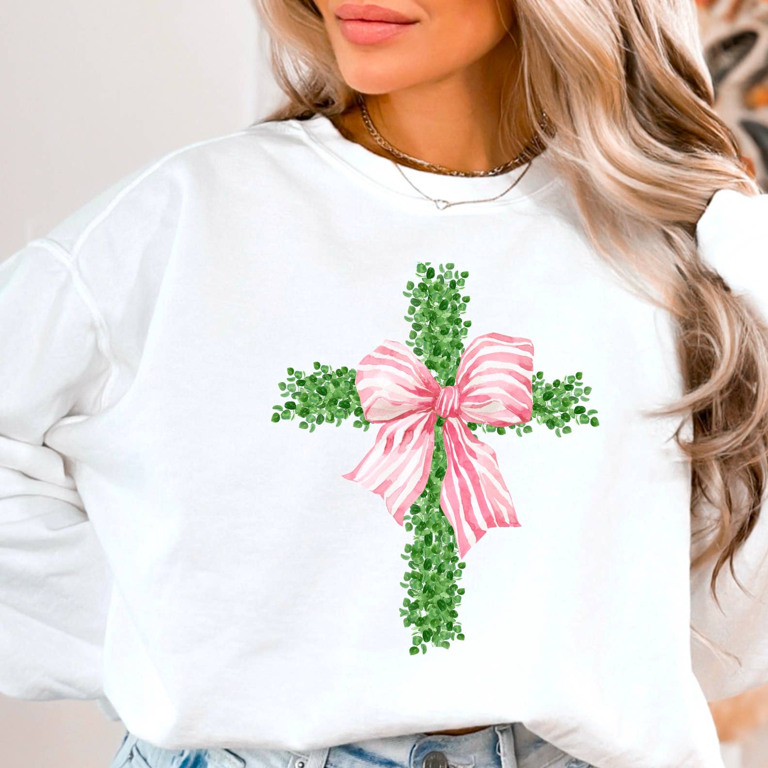 Pink Coquette Bow Boxwood Cross  Easter Graphic Sweatshirt