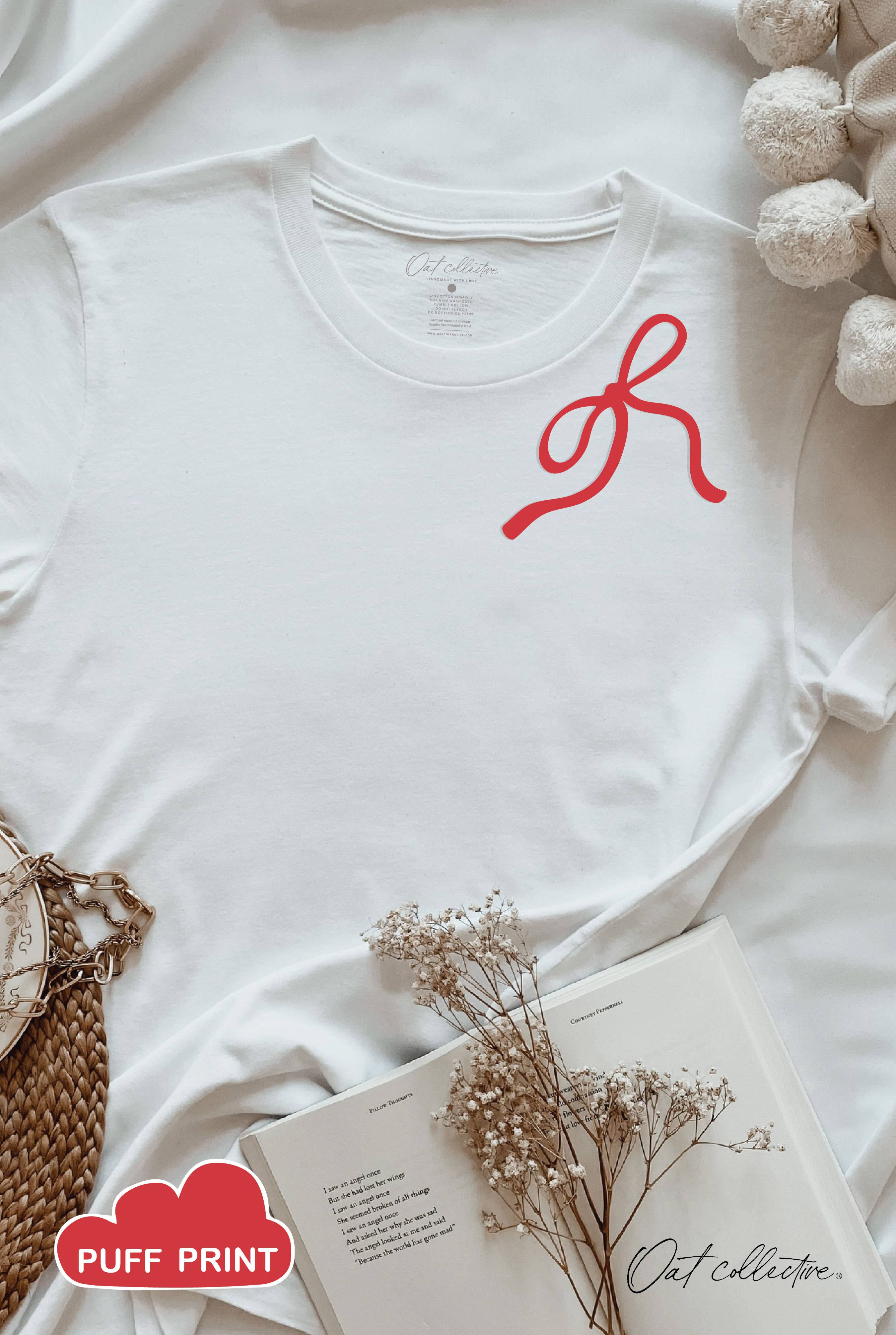 Ribbon Bow Puff Neckline Graphic T-Shirt