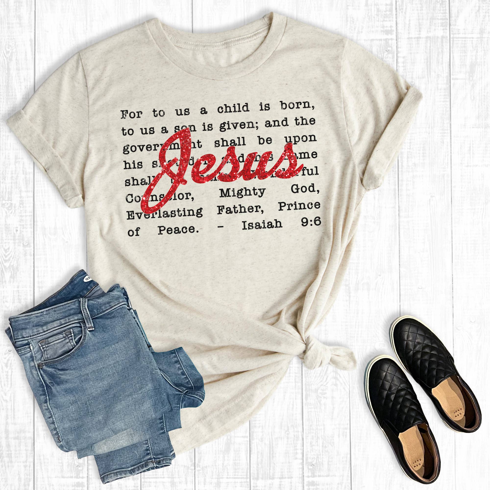 Faith Faux Glitter Christmas Isaiah 9:6 Graphic Tee