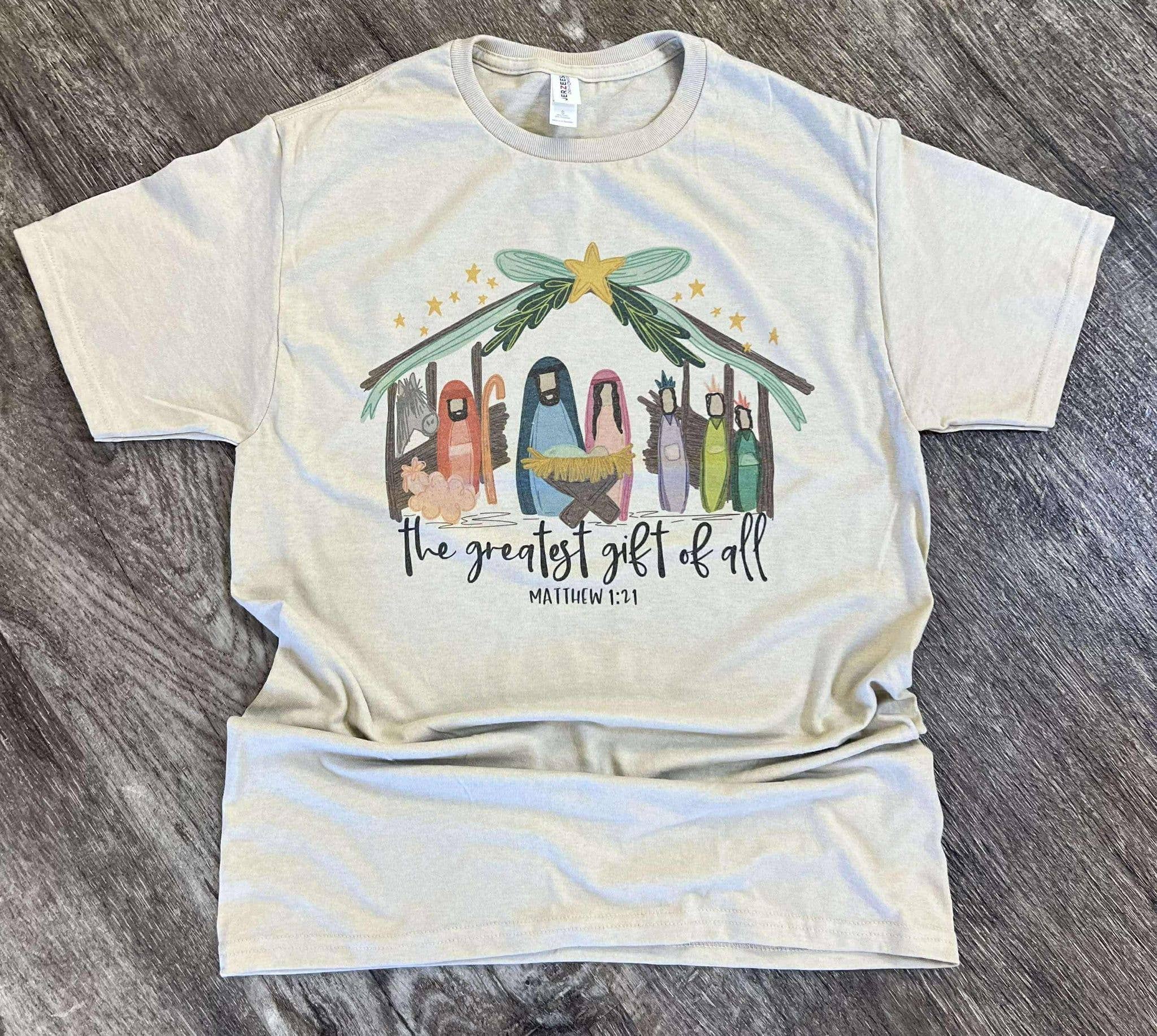 The Greatest Gift of All Jesus Nativity Scene On Sand Tee