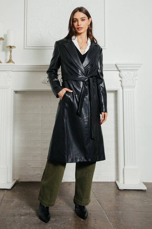 Faux Leather Belted Coat