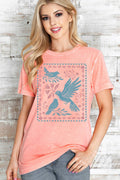 Women Bird Graphic Print Mineral Wash Top