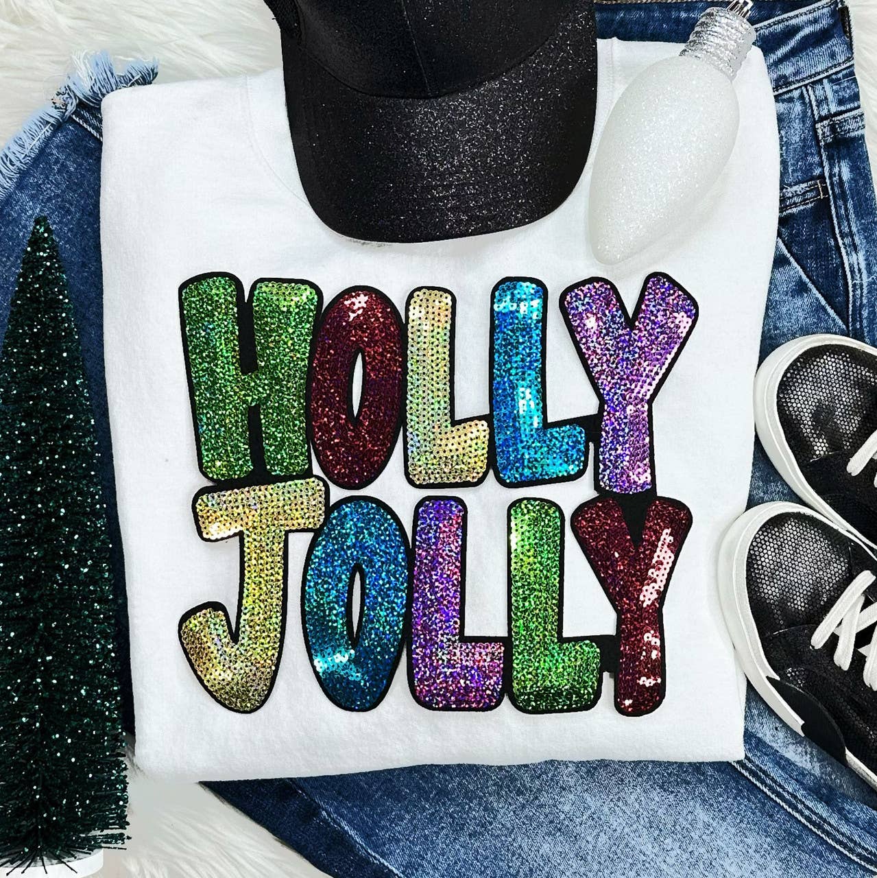 Sequin Holly Jolly Chenille White Crewneck Sweatshirt