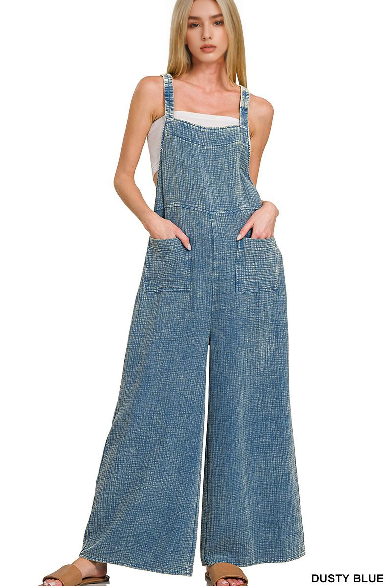 `.Washed Double Gauze Elastic Waist Wide Leg Overalls