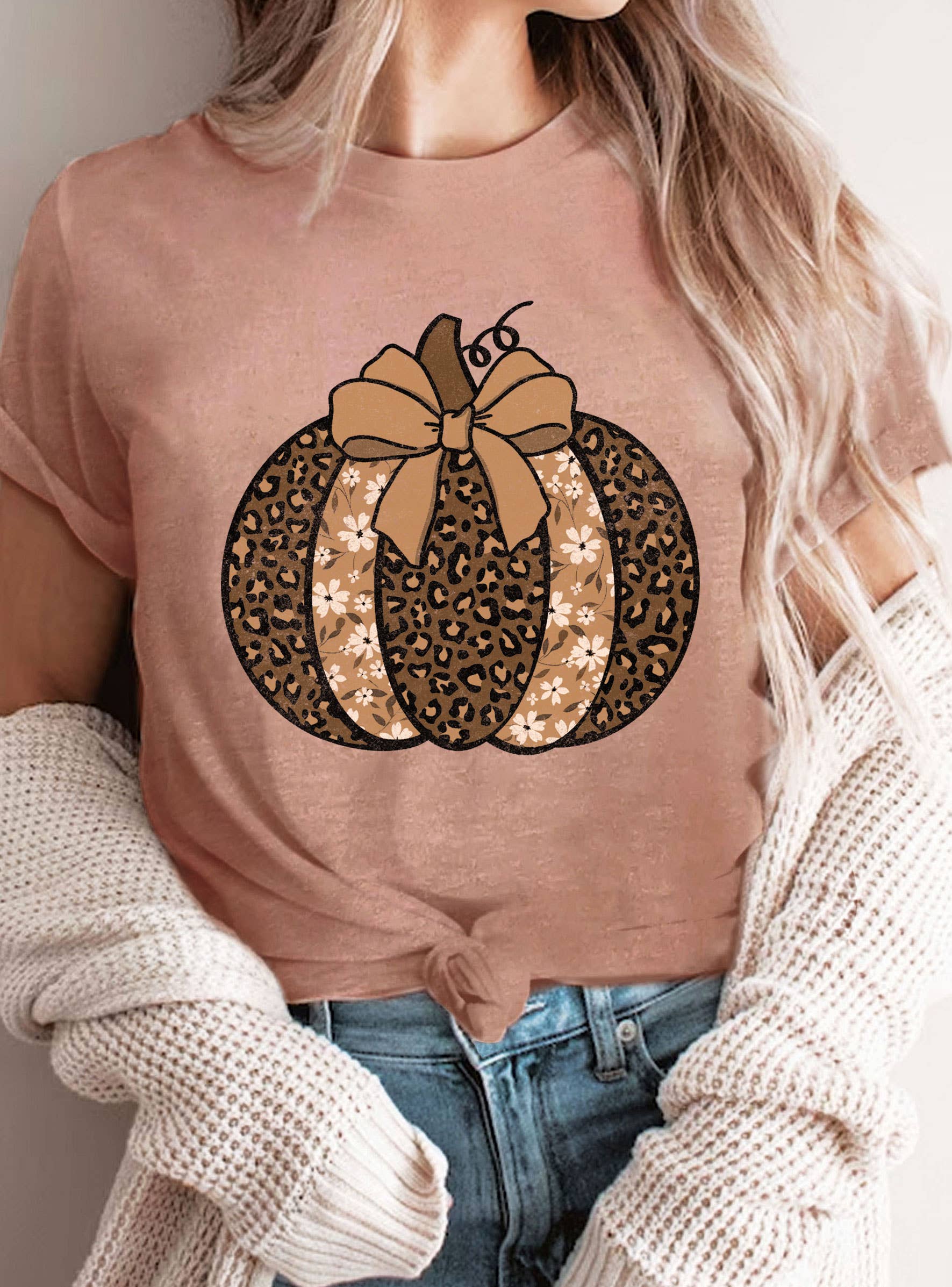 Coquette Bow Leopard Flower Pumpkin Graphic Tshirts