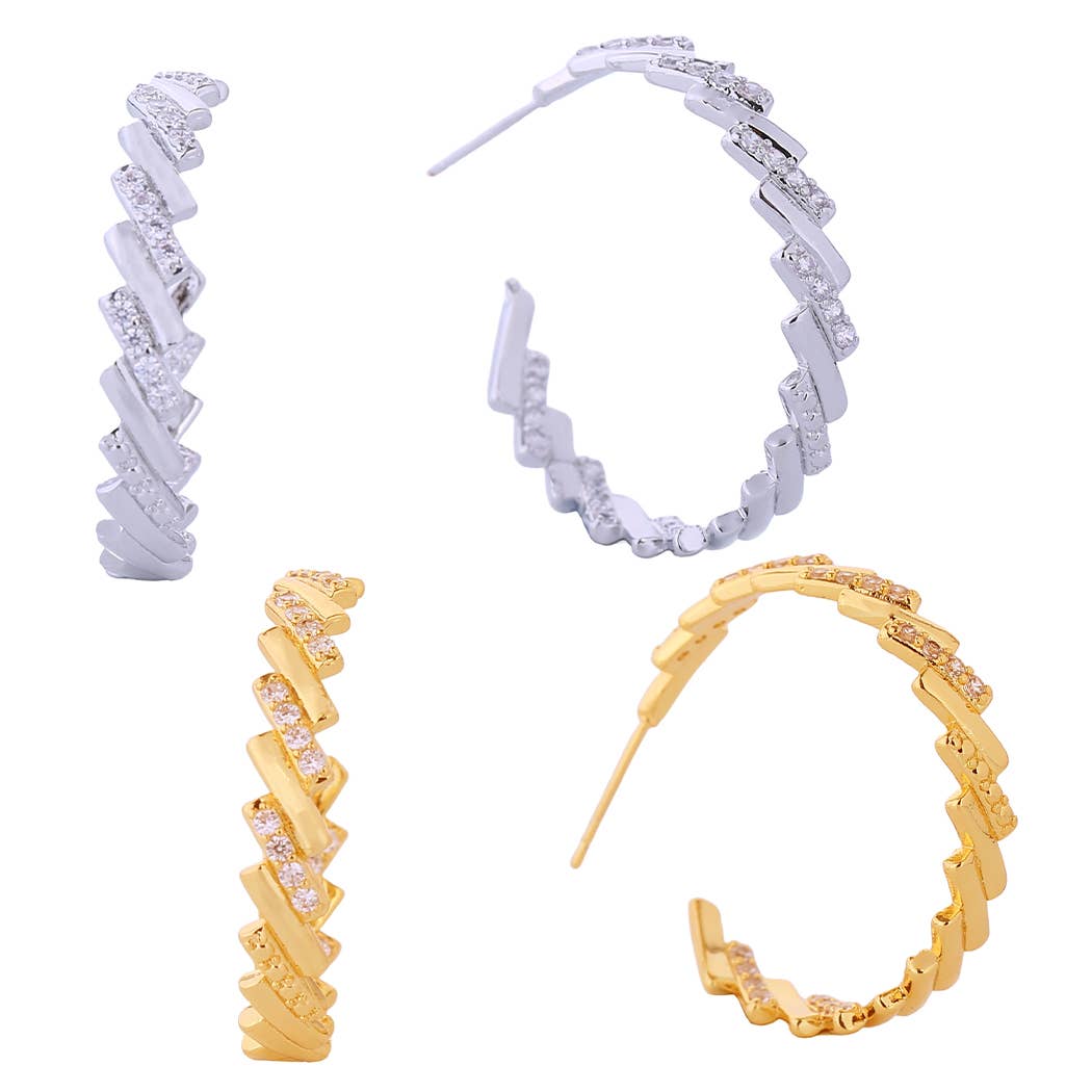 14K Dipped Linked Bars Cz Hoop Post Earrings