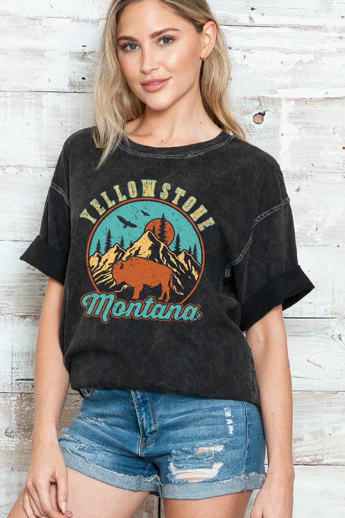 Women Graphic Print Oversize Mineral Wash Top