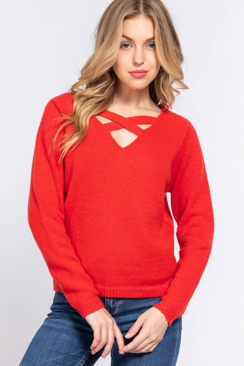 ",.._ Long Sleeve X Strap V Neck Sweater