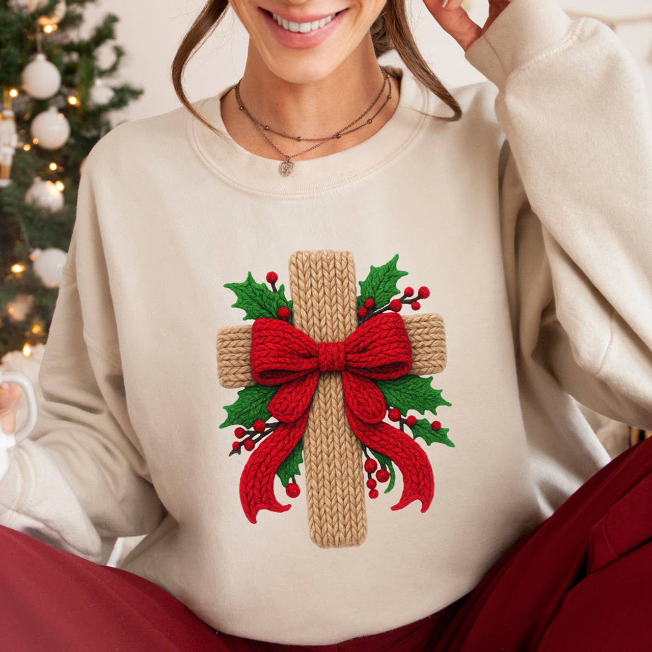 Faux Yarn Christmas Cross Sweatshirt