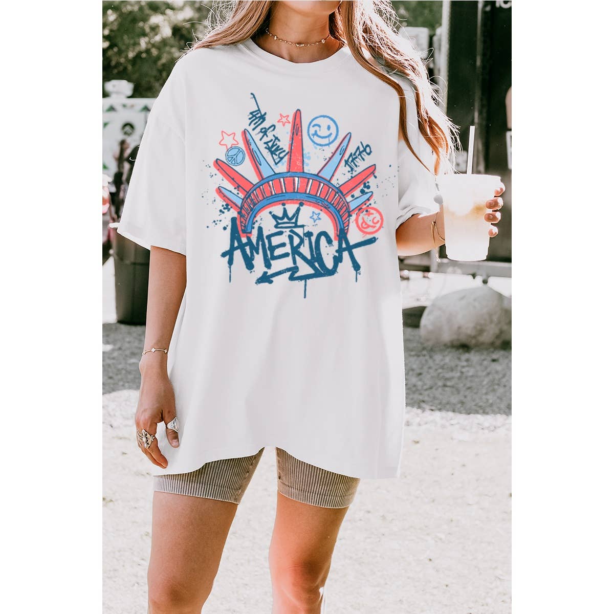 Fourth of July Statue of Liberty  Graphic Oversized Tee