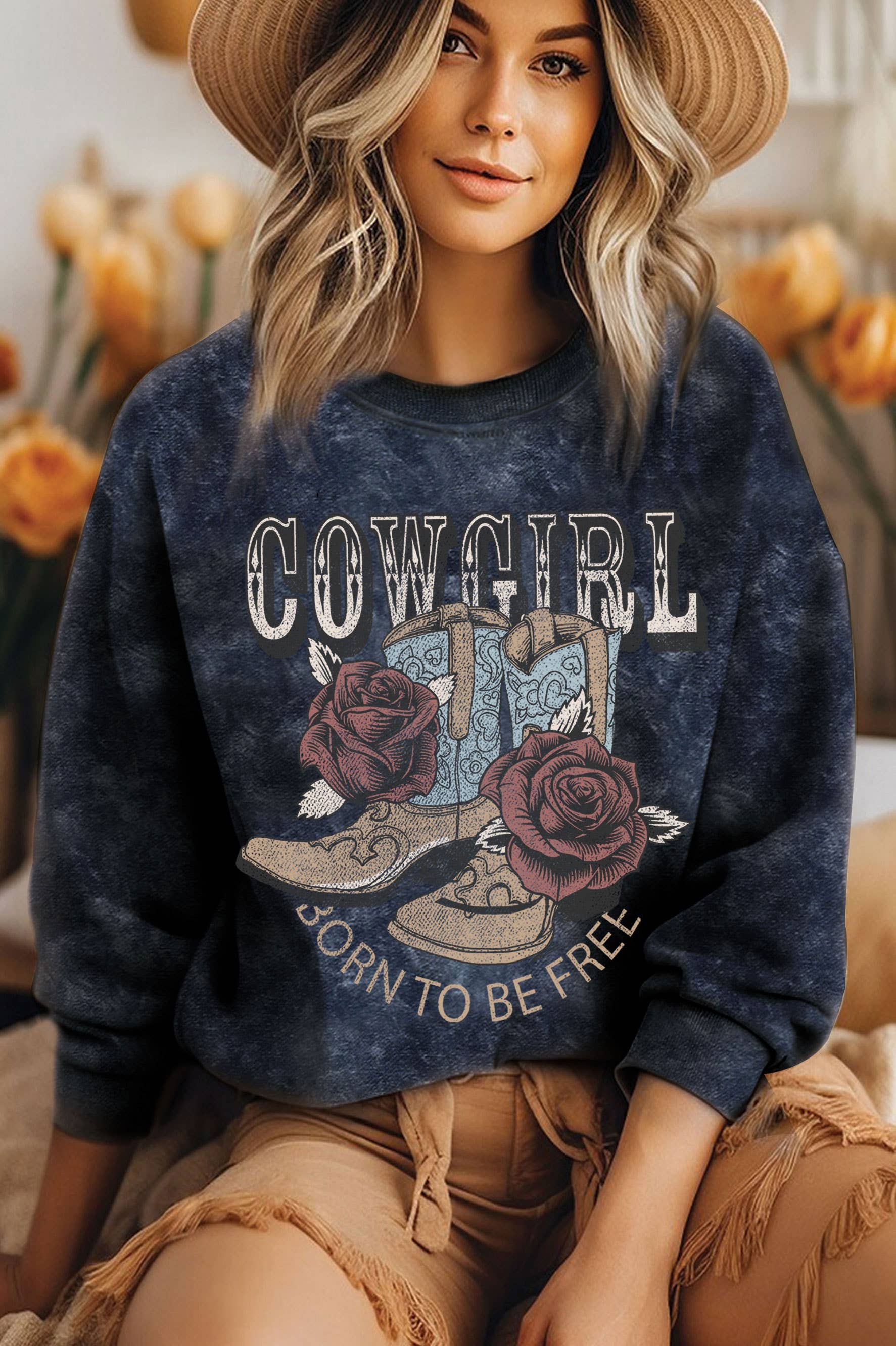 Cowgirl Born To Be Free Mineral Graphic Brushed Sweatshirts