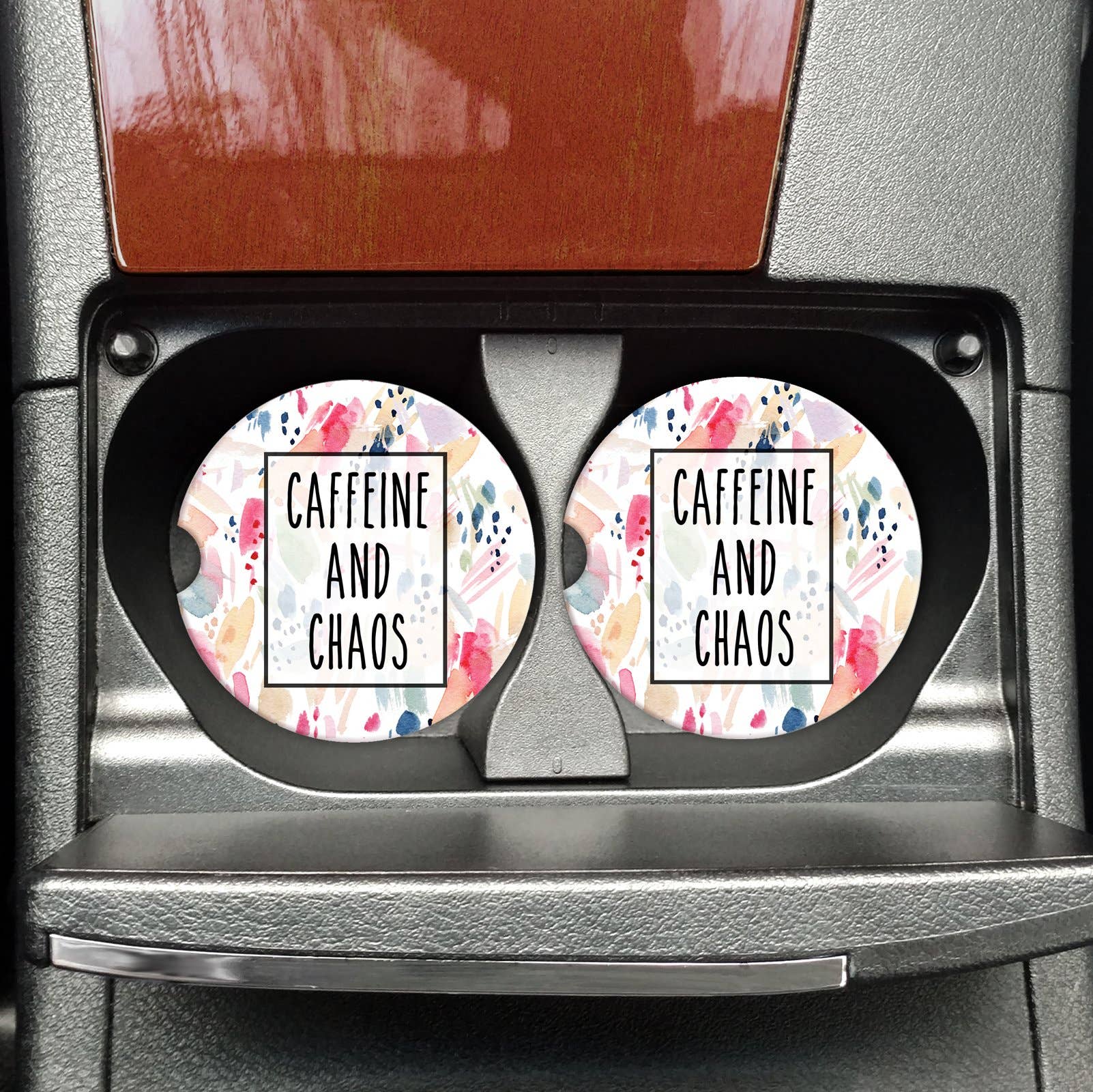 Caffeine and Chaos Car Coasters