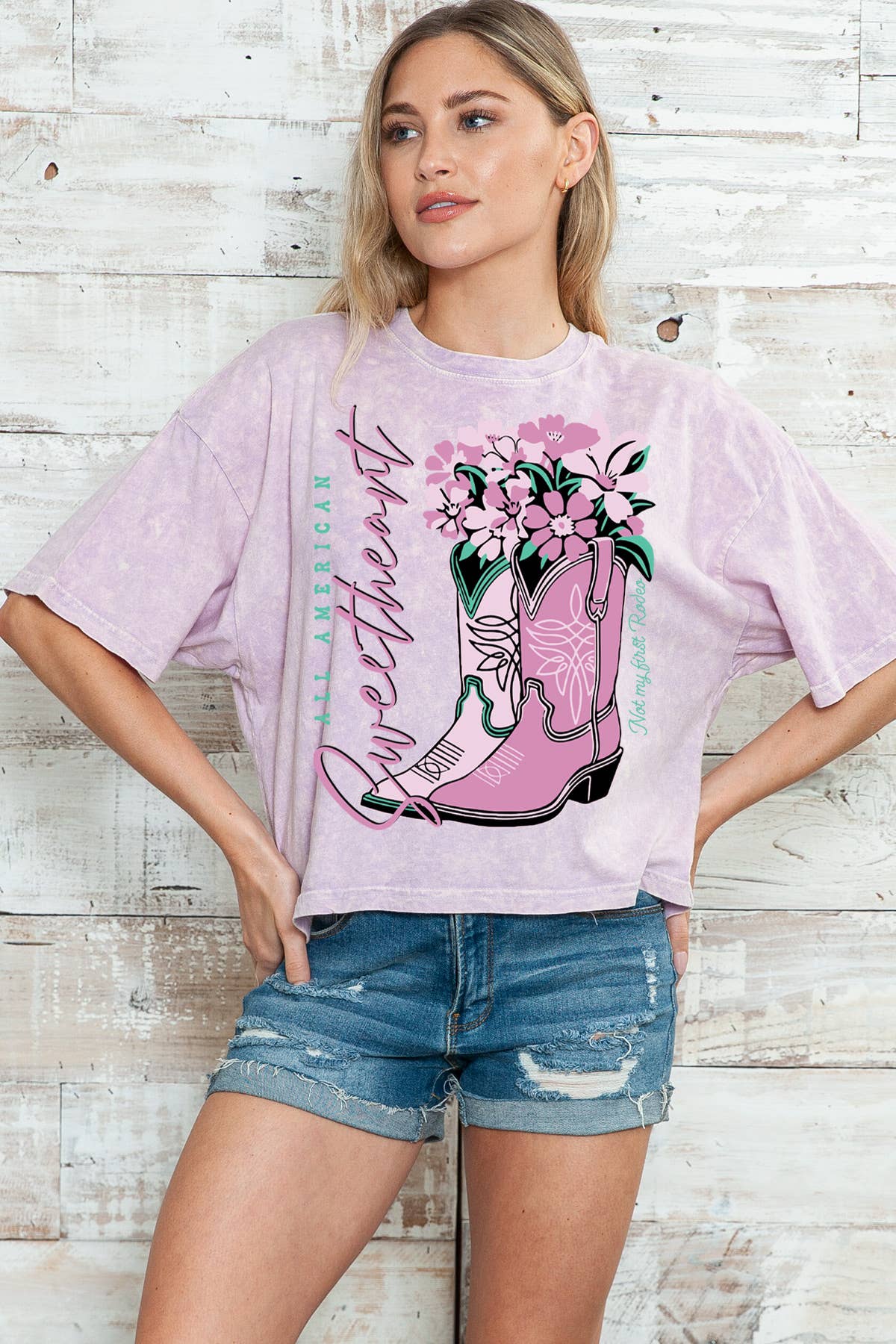 Women Floral Boots Graphic Print Mineral Wash Top