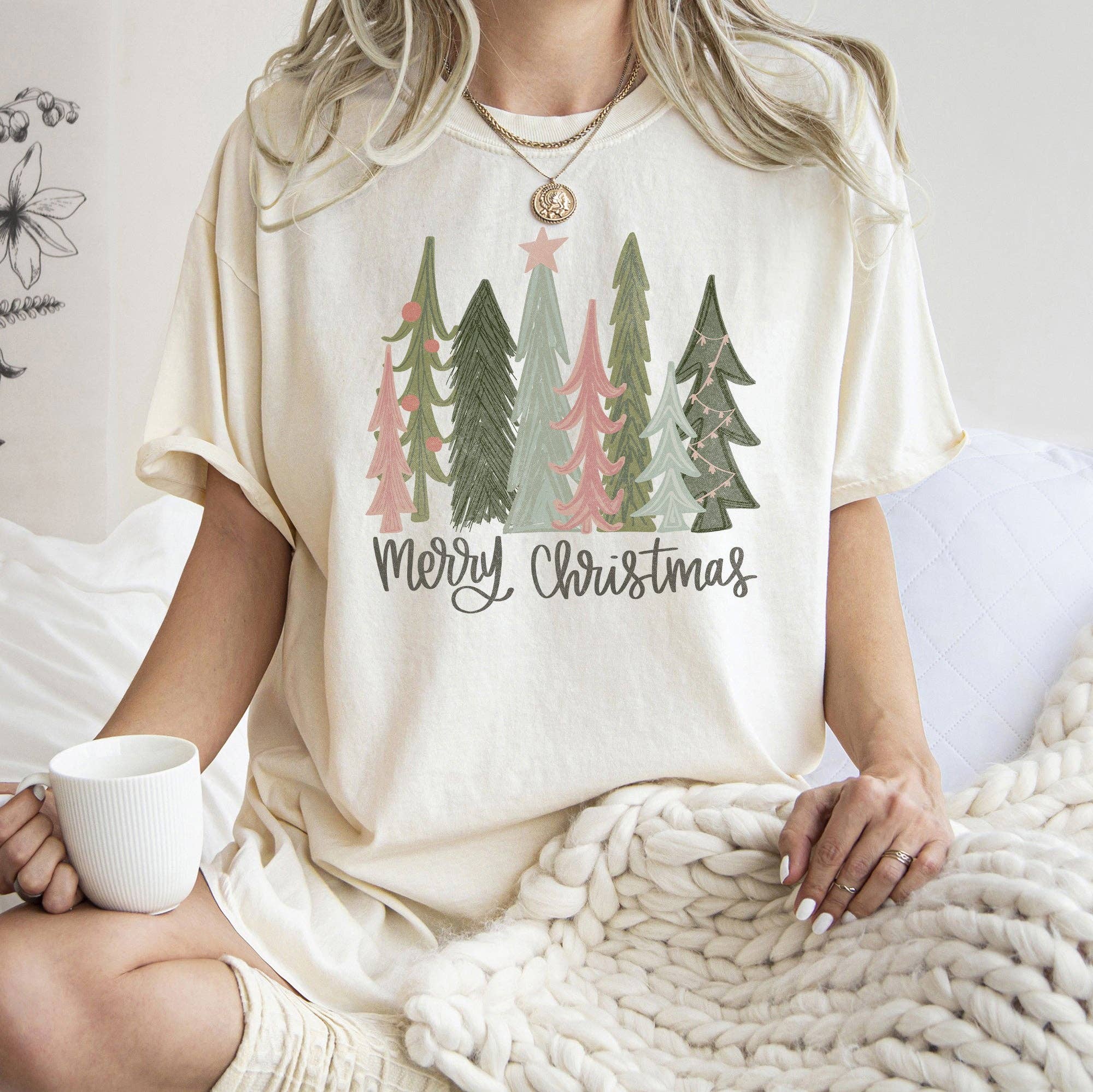 Retro Merry Christmas Trees, Pastels, Star, Tshirt