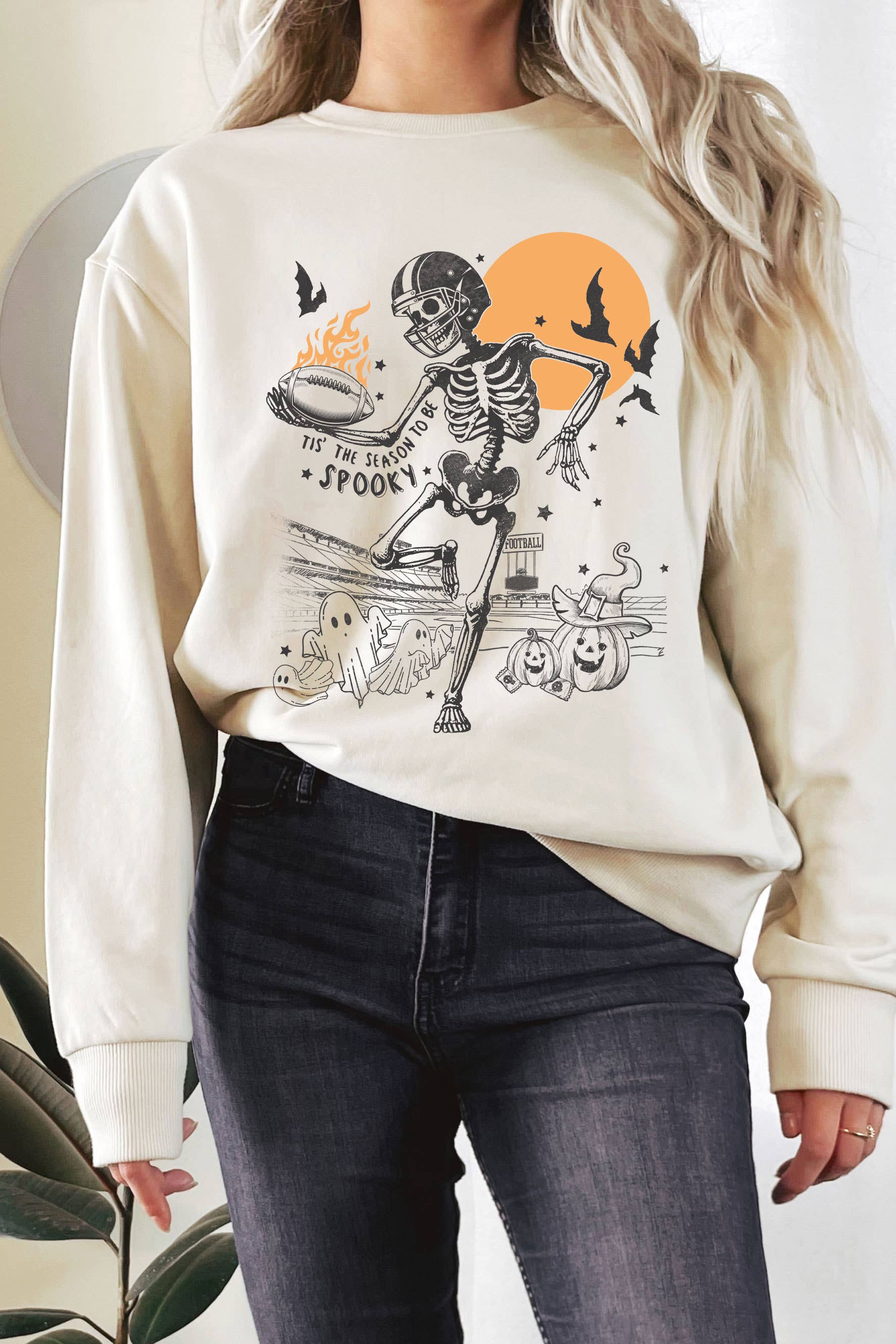 Spooky Skeleton Football Puff Graphic Terry Sweatshirts