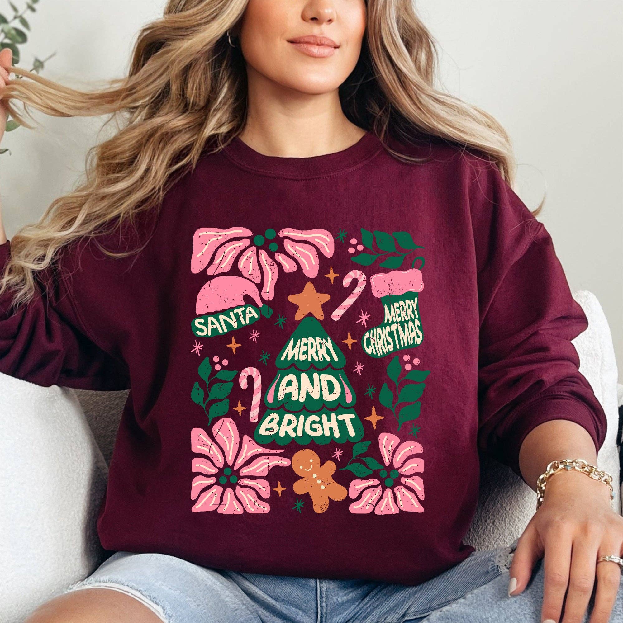 Pink Merry and Bright, Candy Cane, Christmas, Sweatshirt