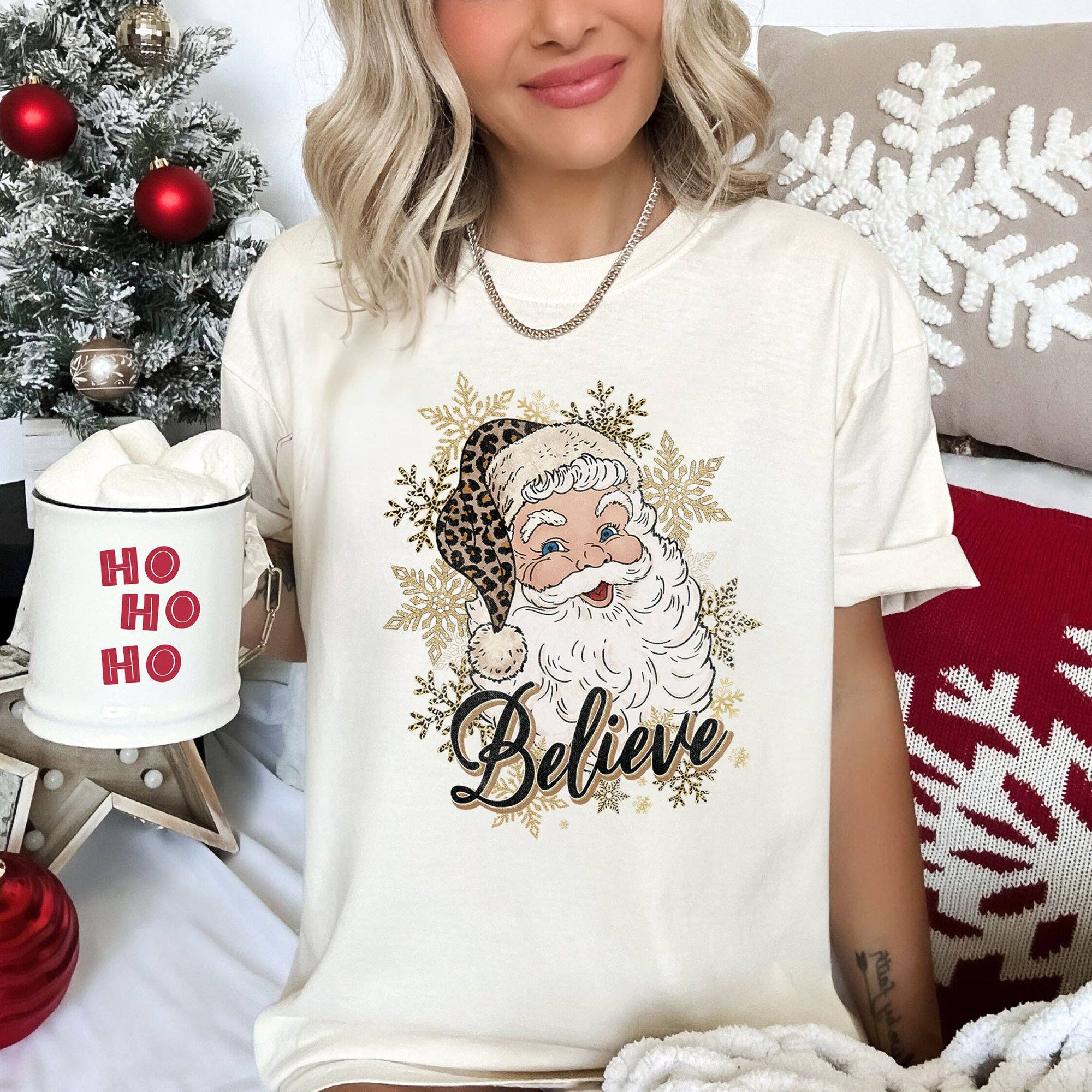 Retro Santa, Believe, Christmas, Leopard Print, Tshirt