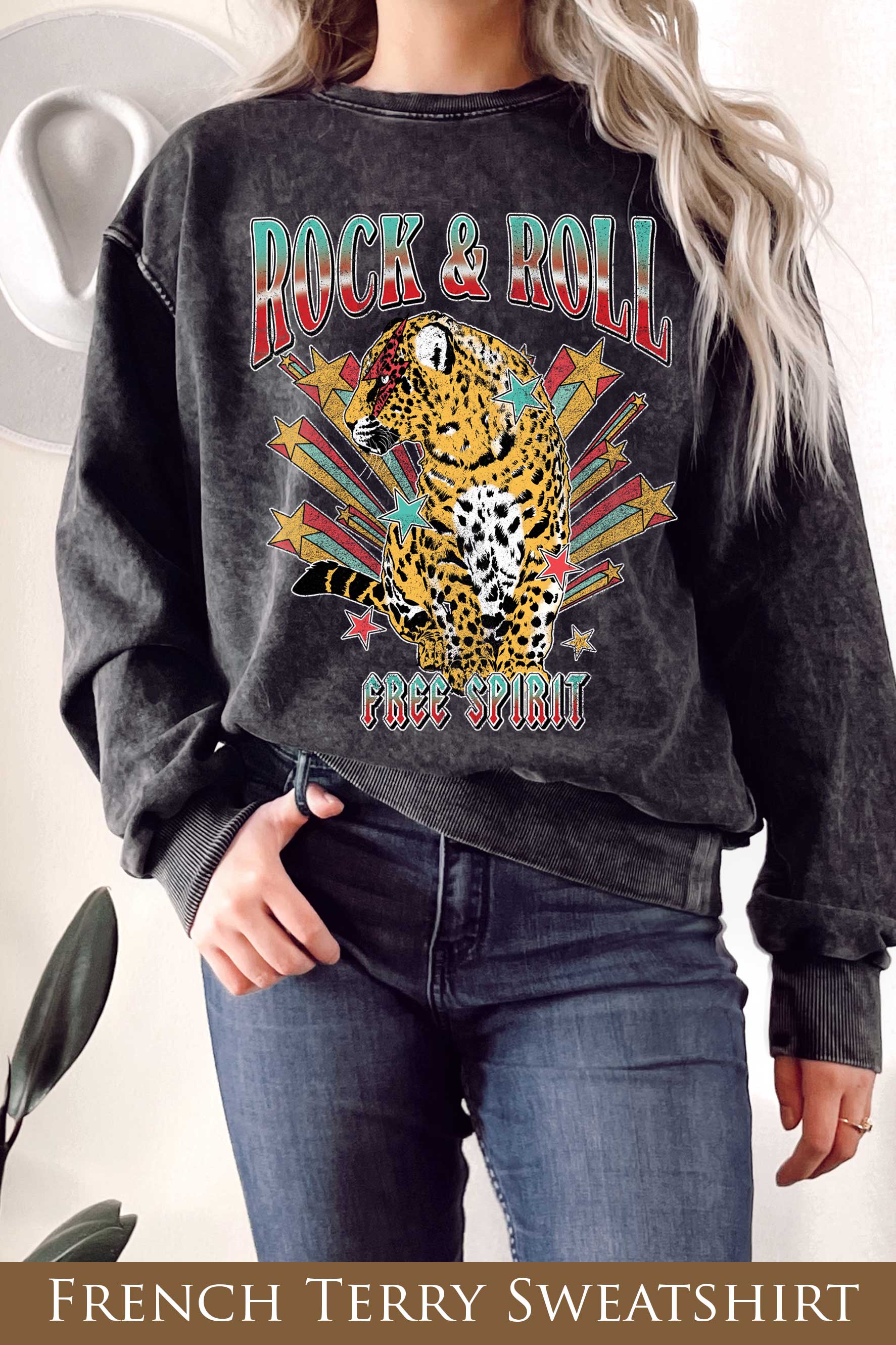 Rock and Roll Leopard Graphix Mineral Terry Sweatshirt