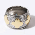 Gold Plated Textured Cz Four-Leaf Two-Tone Ring