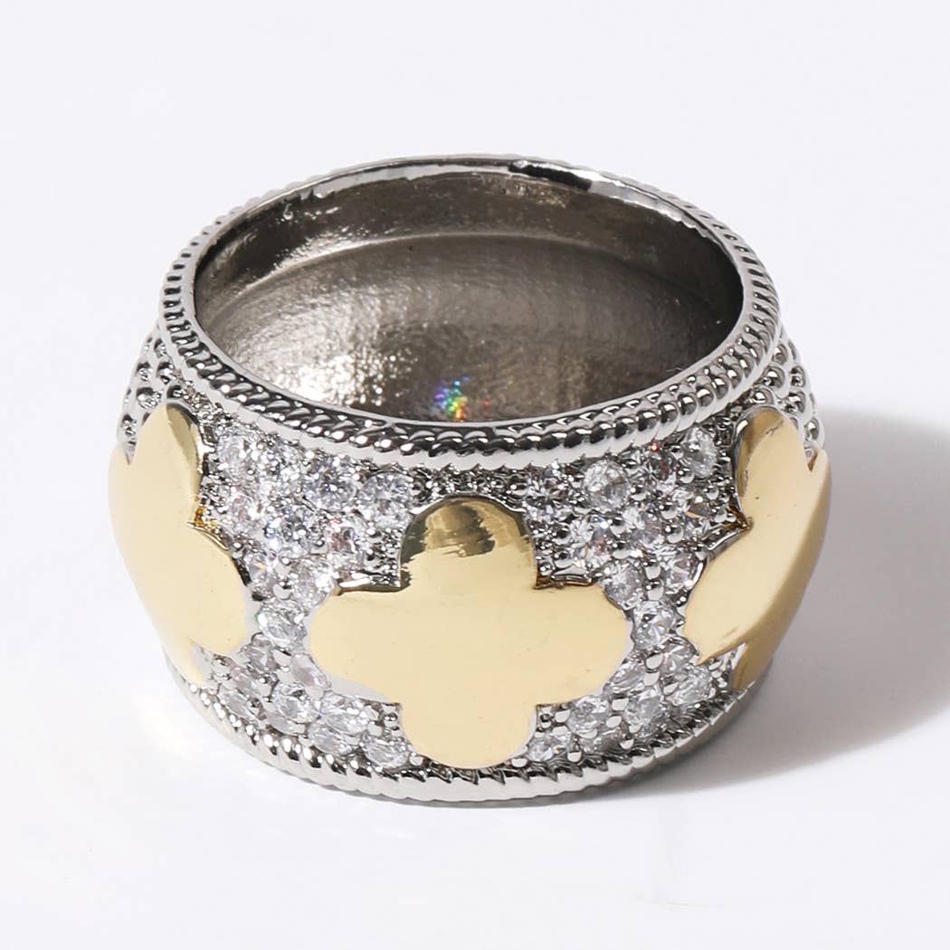 Gold Plated Textured Cz Four-Leaf Two-Tone Ring