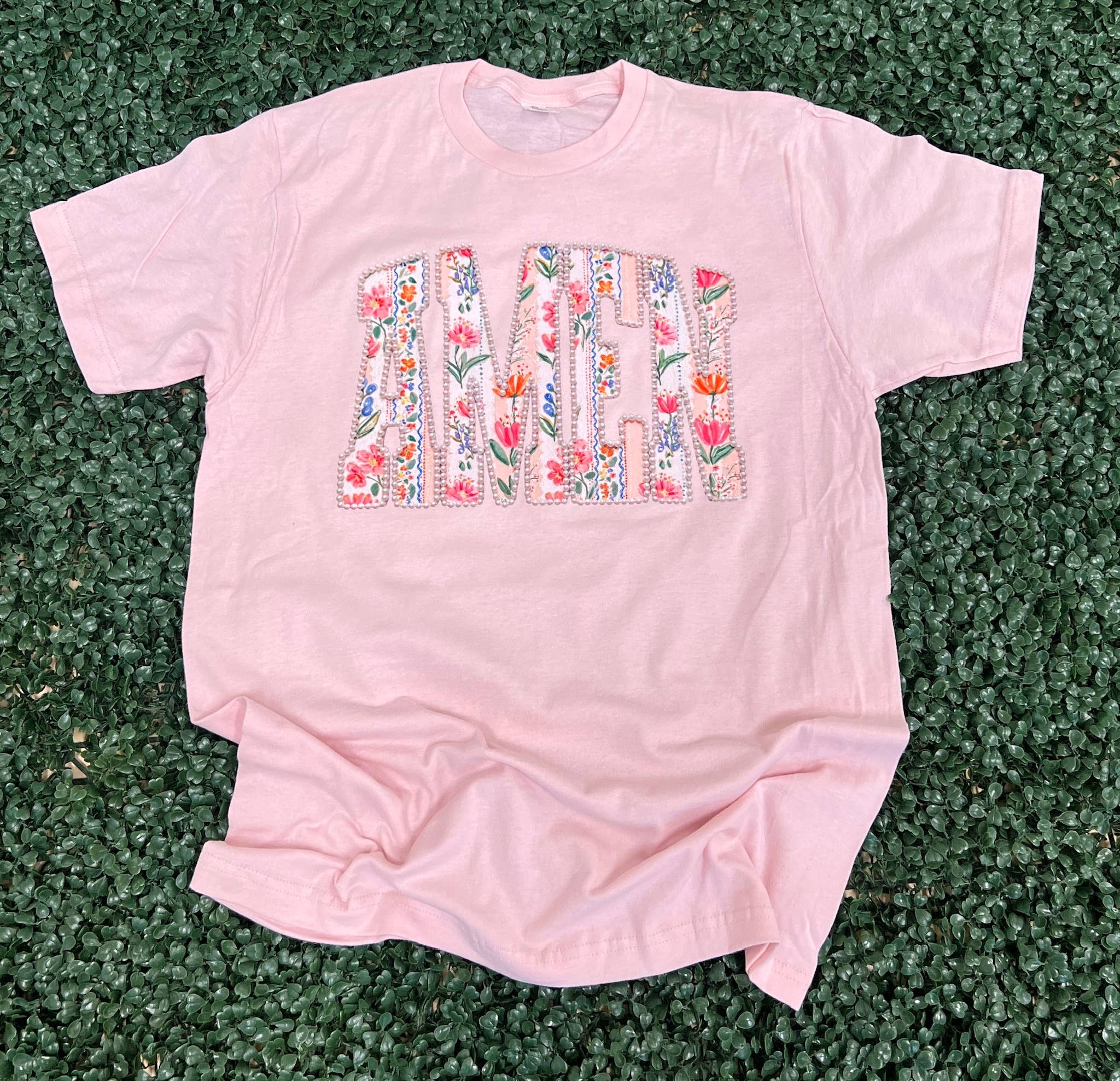 Floral Varsity Amen with Pearls On Comfort Colors Blossom