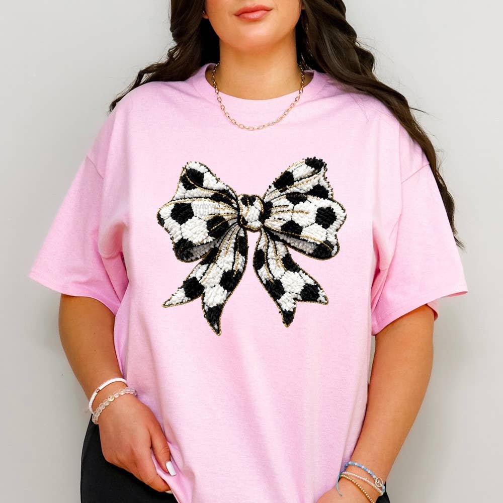 Faux Yarn Black & White Soccer Bow Tee
