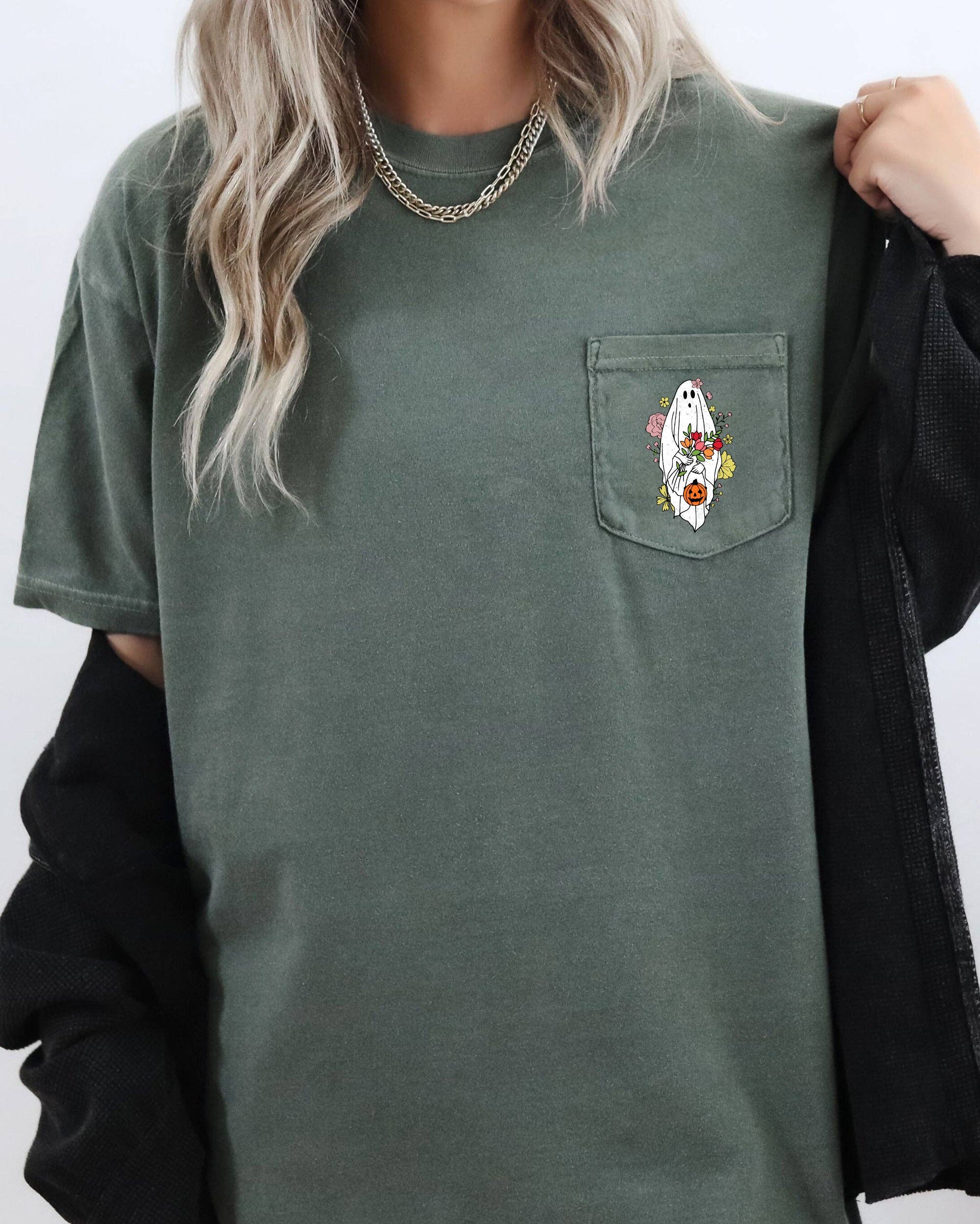Cute Floral Ghost, Halloween Pocket Tee