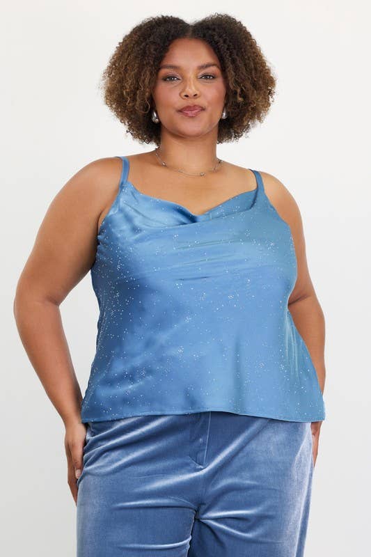 Plus Size Satin Cowl Neck Cami Top with Embellished Detail
