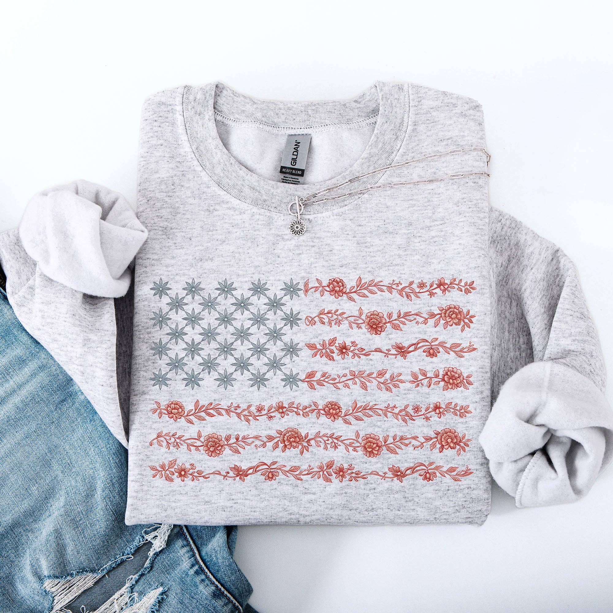 Floral America Flag, USA, America, 4th of July Sweatshirt