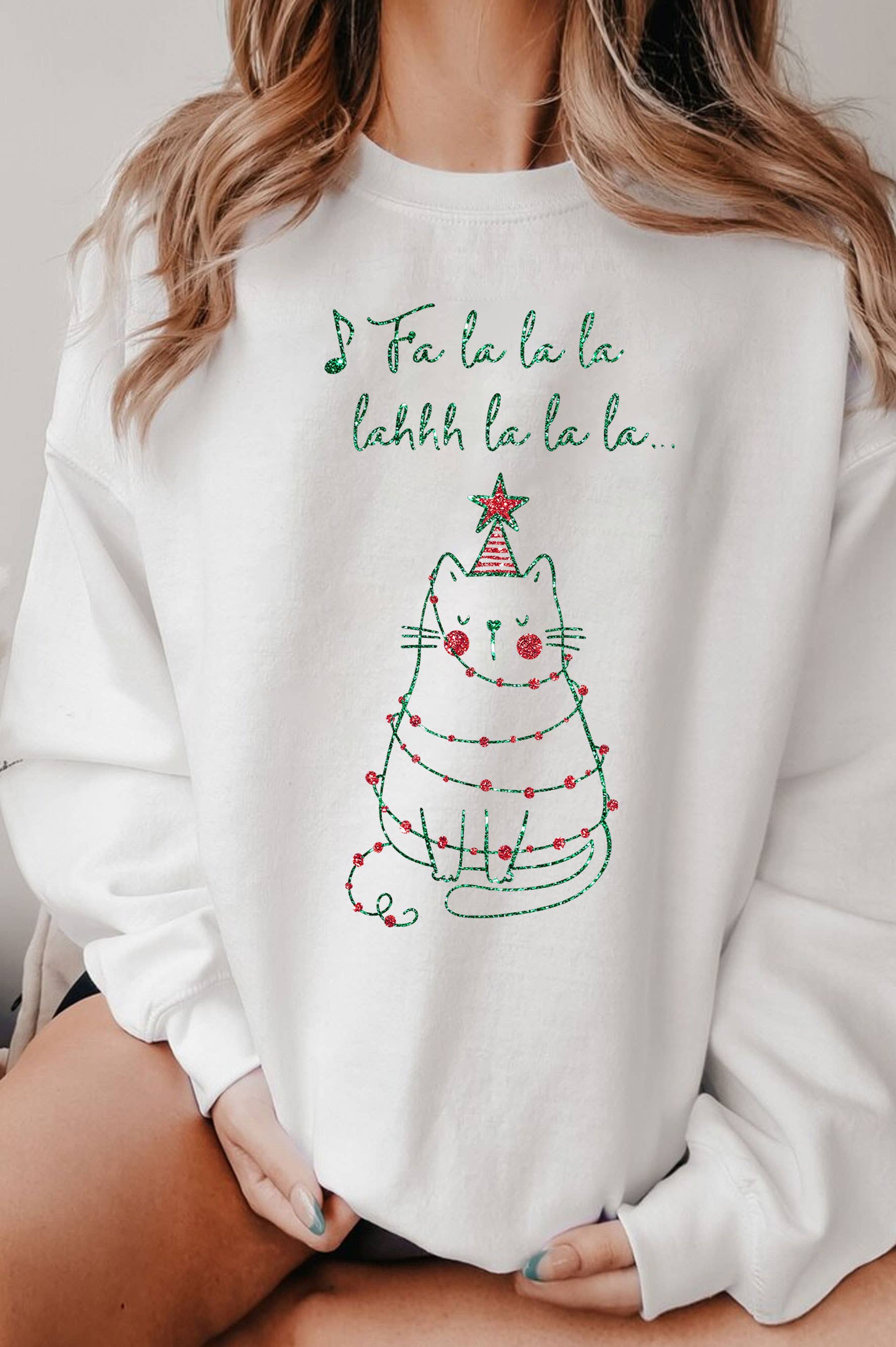 Fa La La La Christmas Tree Cat Glitter Brush Sweatshirts