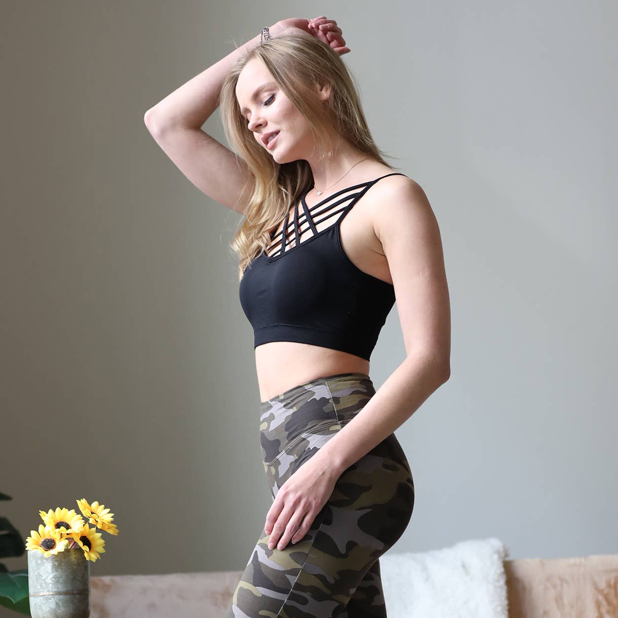 ...Black Seamless Triple Criss-Cross Front Bralette with Removable Bra Pads