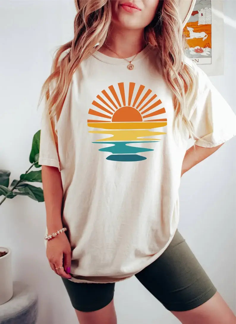Sunset Rays Wavy Shirt, Sunset Shirt, Vacation Shirt