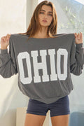 T1770-OHIO  'ohio' Print Ribbed Oversized Graphic Sweatshirt