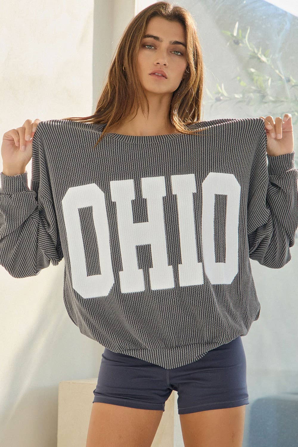 T1770-OHIO  'ohio' Print Ribbed Oversized Graphic Sweatshirt