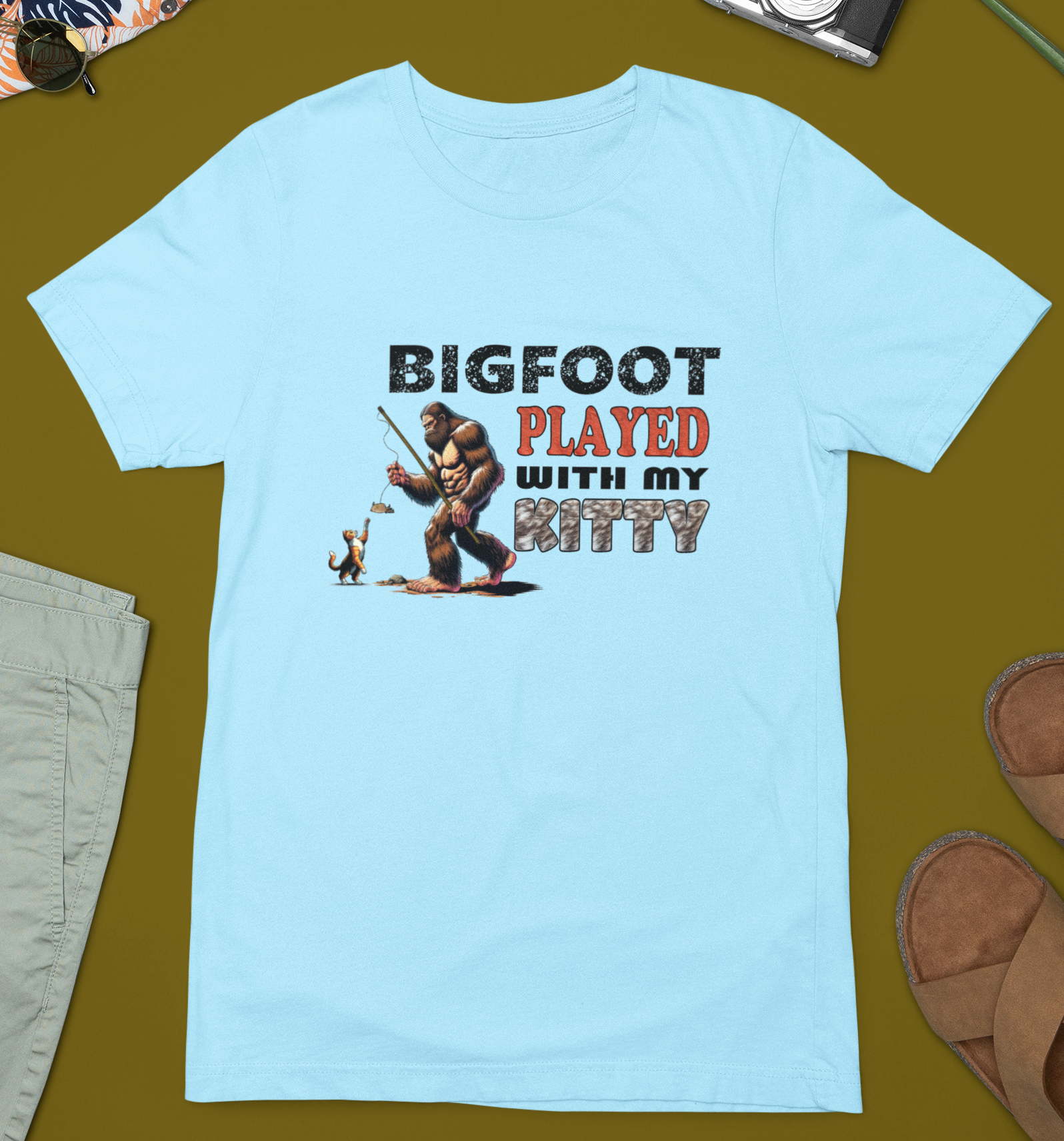 Bigfoot Played with My Kitty T-Shirt (Light Blue)