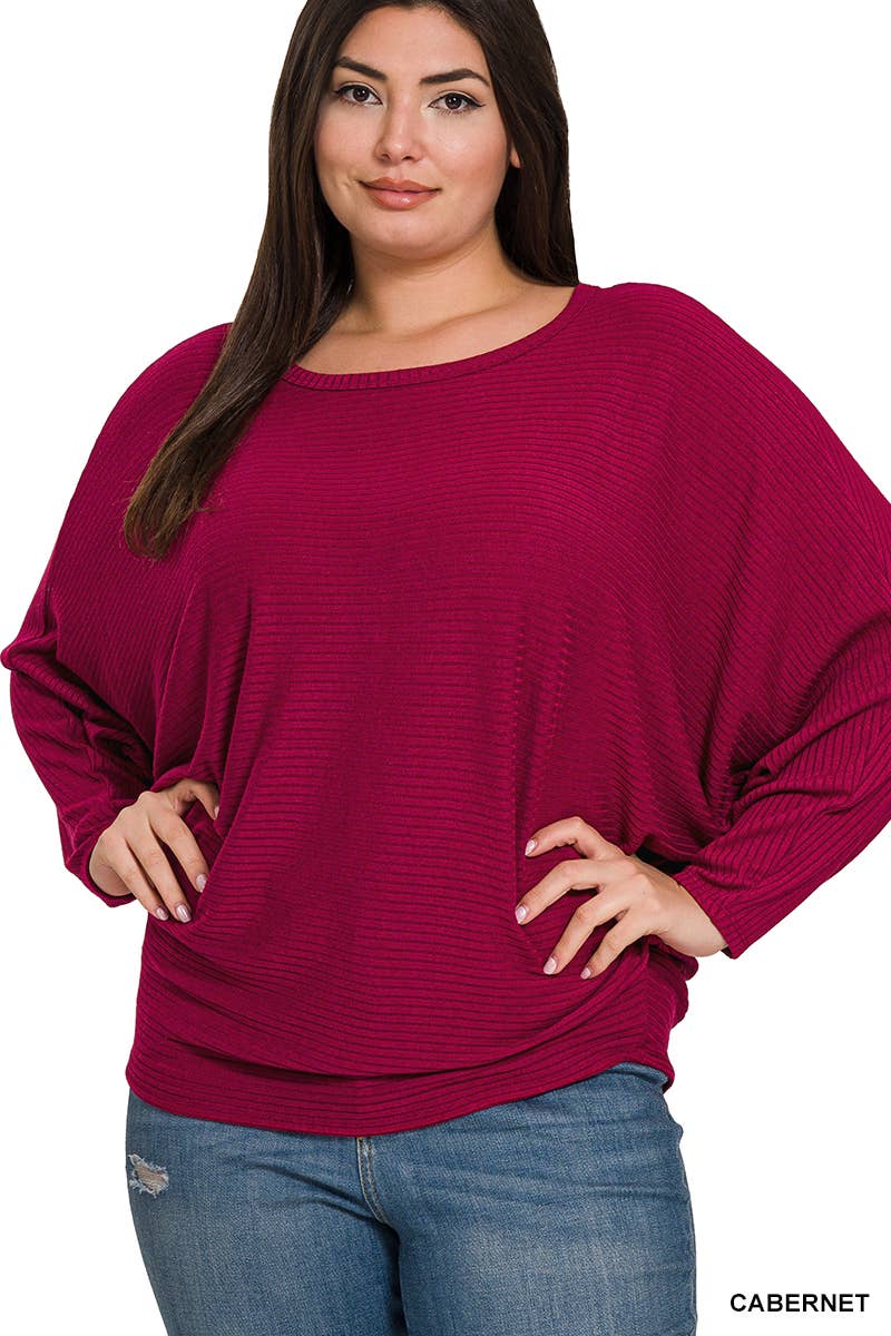 "....Plus Size Ribbed Batwing Boat Neck Sweater