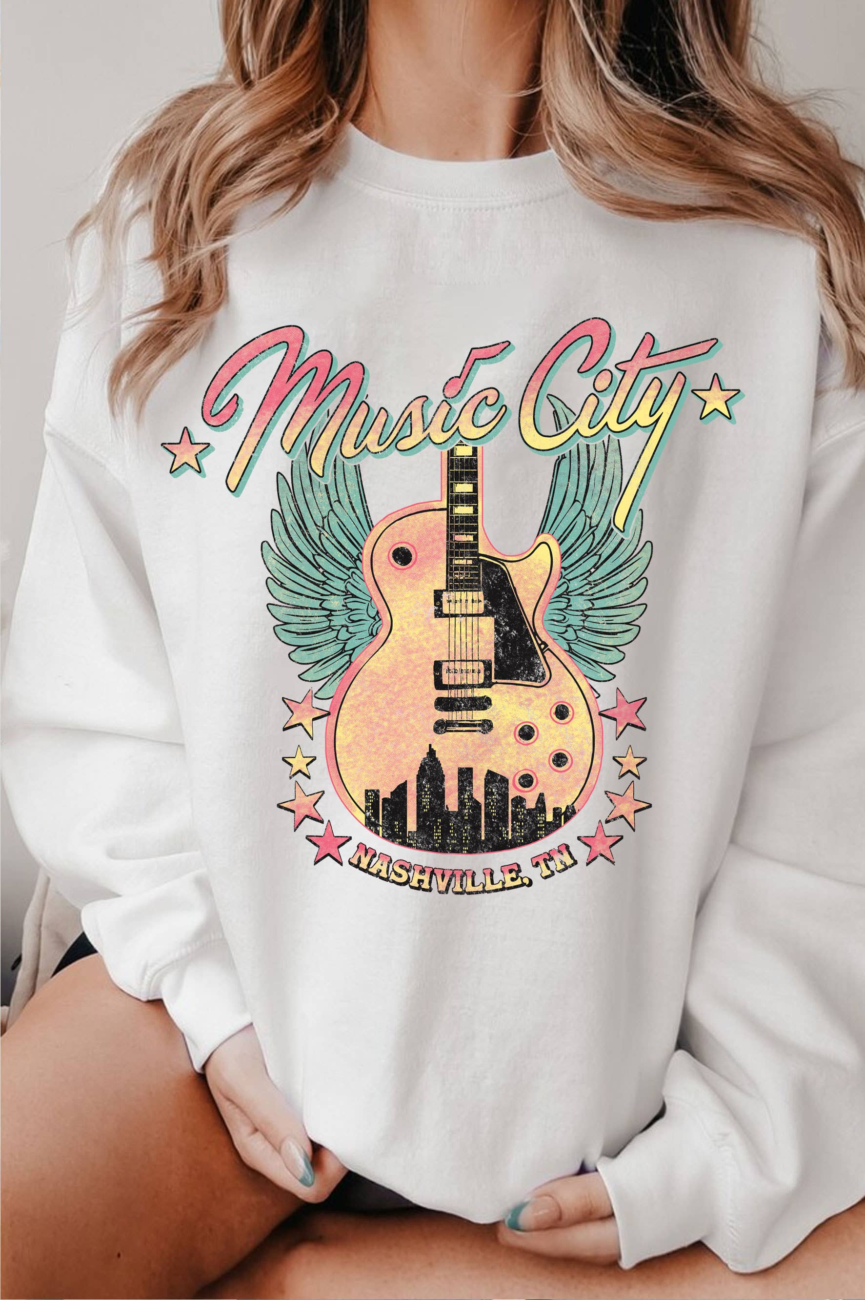 Nashville Music City Wings Guitar Graphic Brushed Sweatshirt