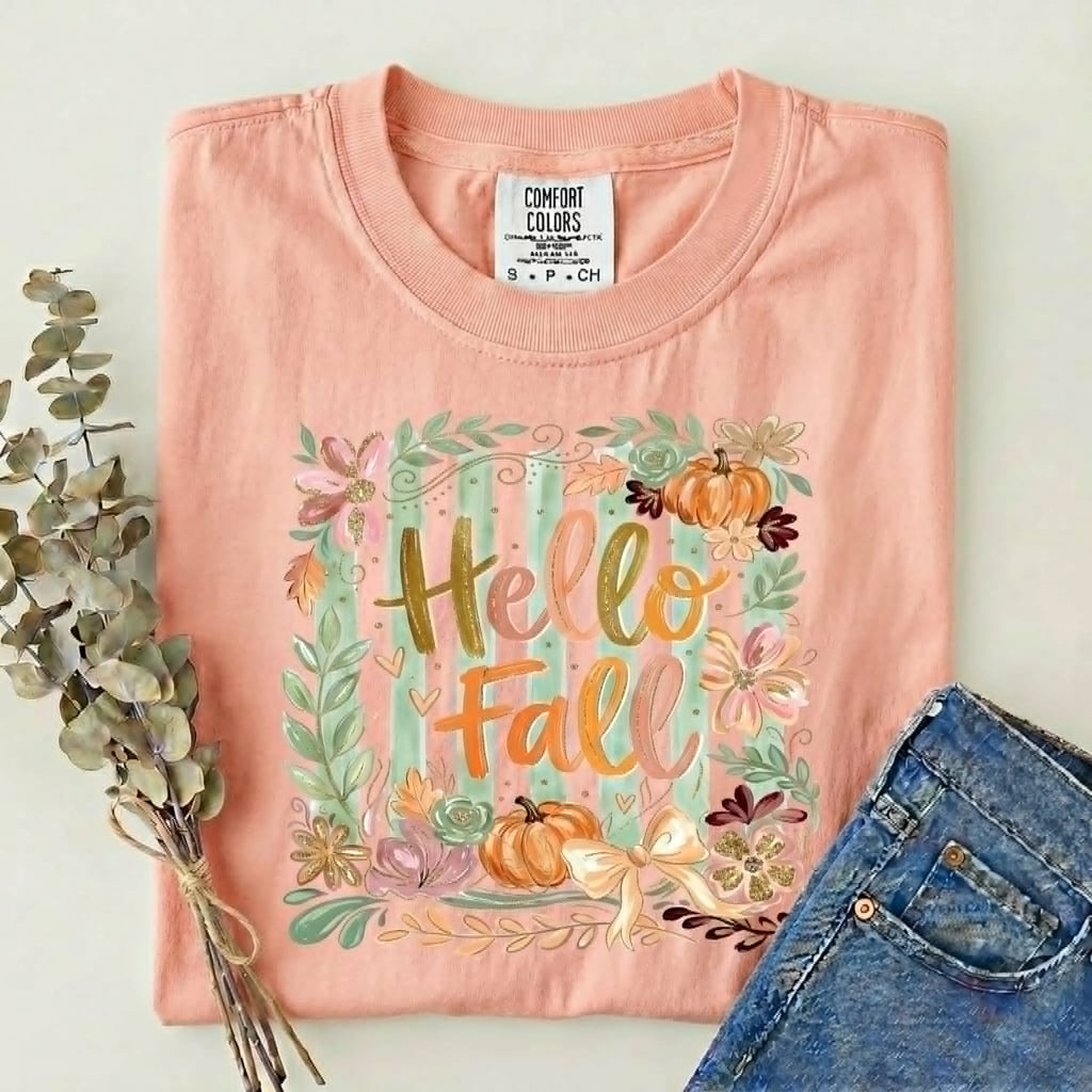 Hello Fall Pumpkin Collage Comfort Colors Peach Graphic Tee