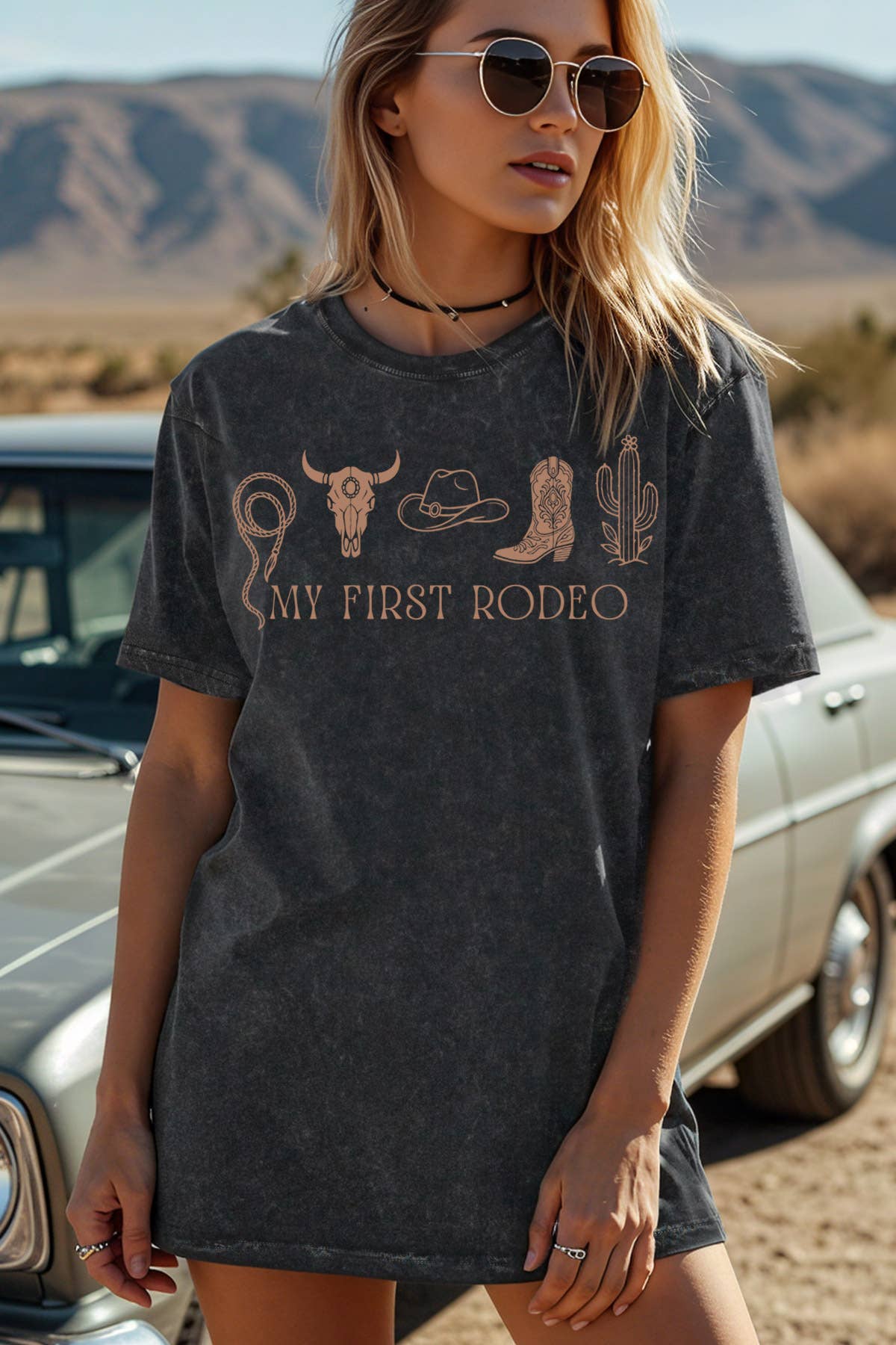 Women Rodeo Graphic Print Mineral Wash Loose Top