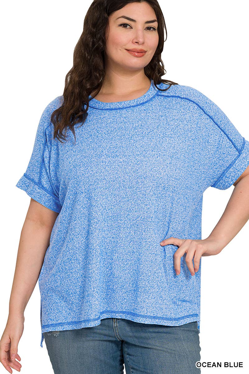 .0827 Plus Soft Melange Folded Sleeve Hi Low Tee SI-27466