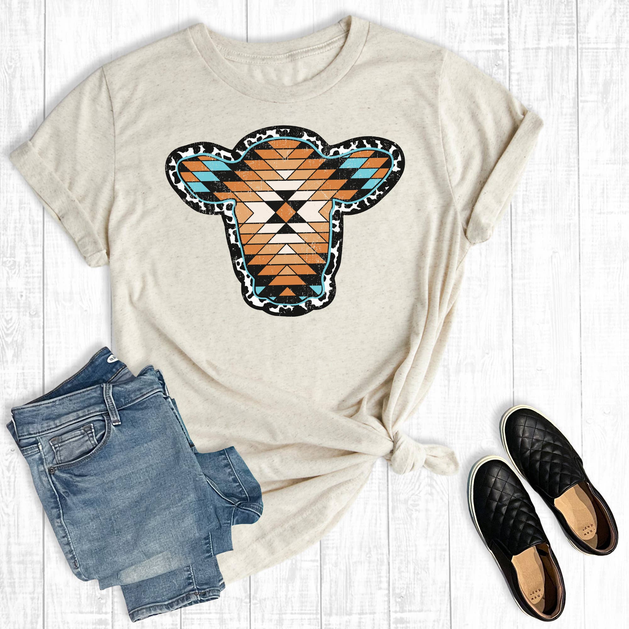 Western Aztec Cowhide Cow Head Graphic Tee
