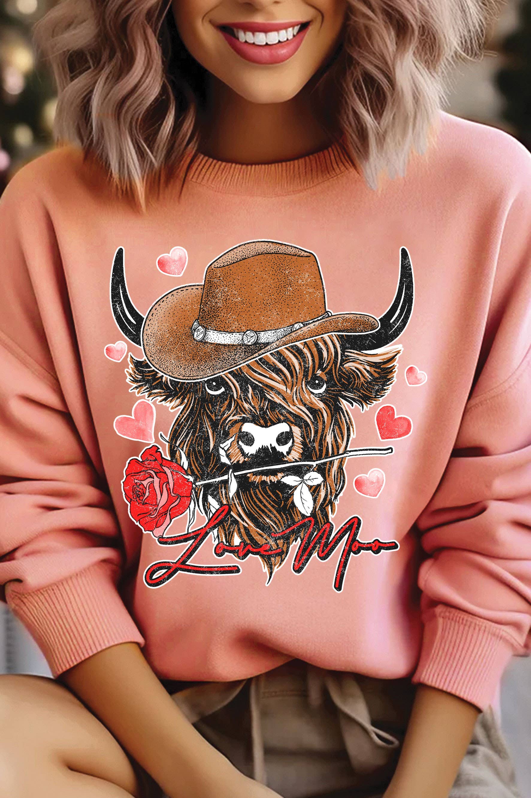 Love Moo Cowboy Cow Valentine's Graphic Brushed Sweatshirts