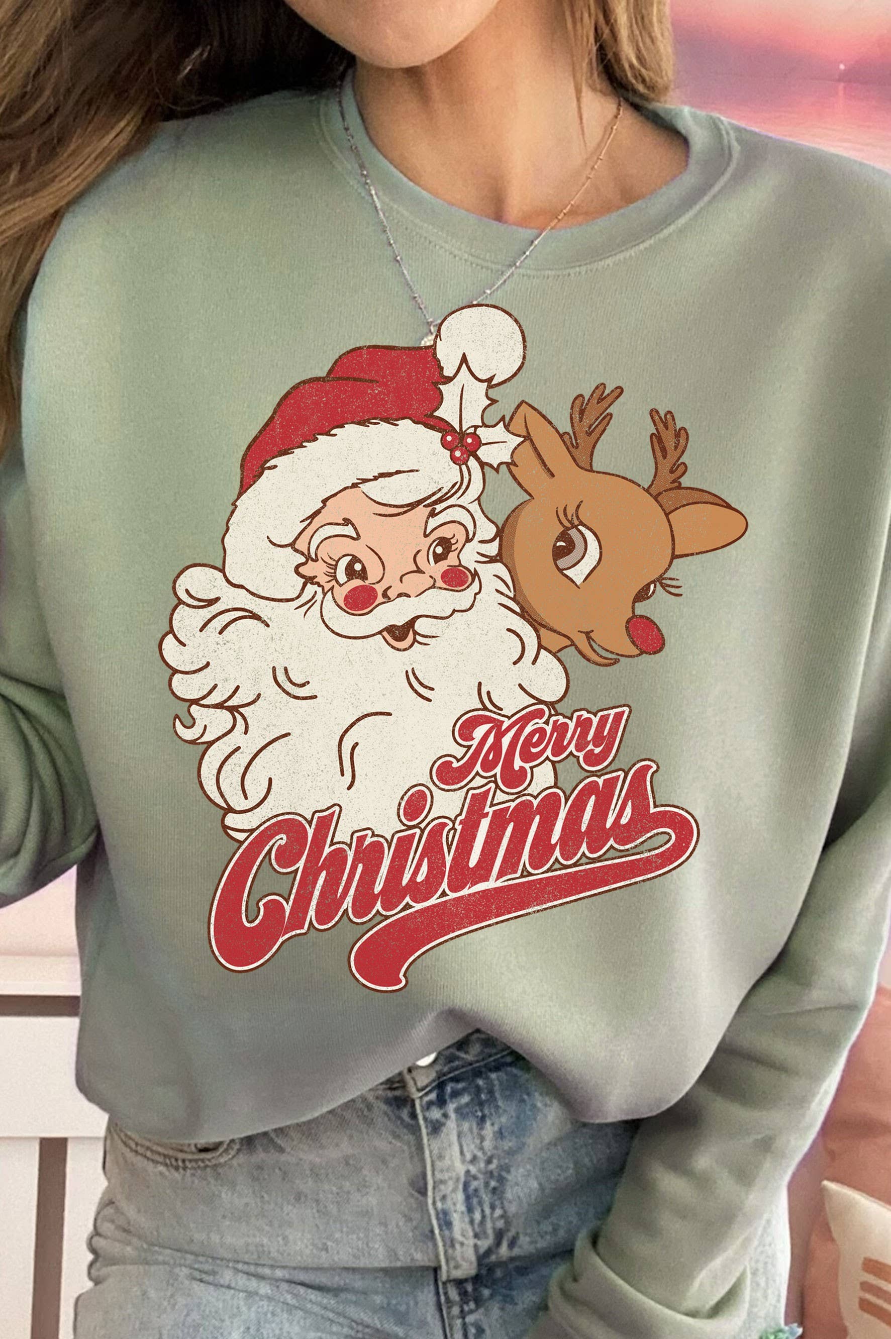 Santa and Rudolph Merry Christmas Graphic Brushed Sweatshirt