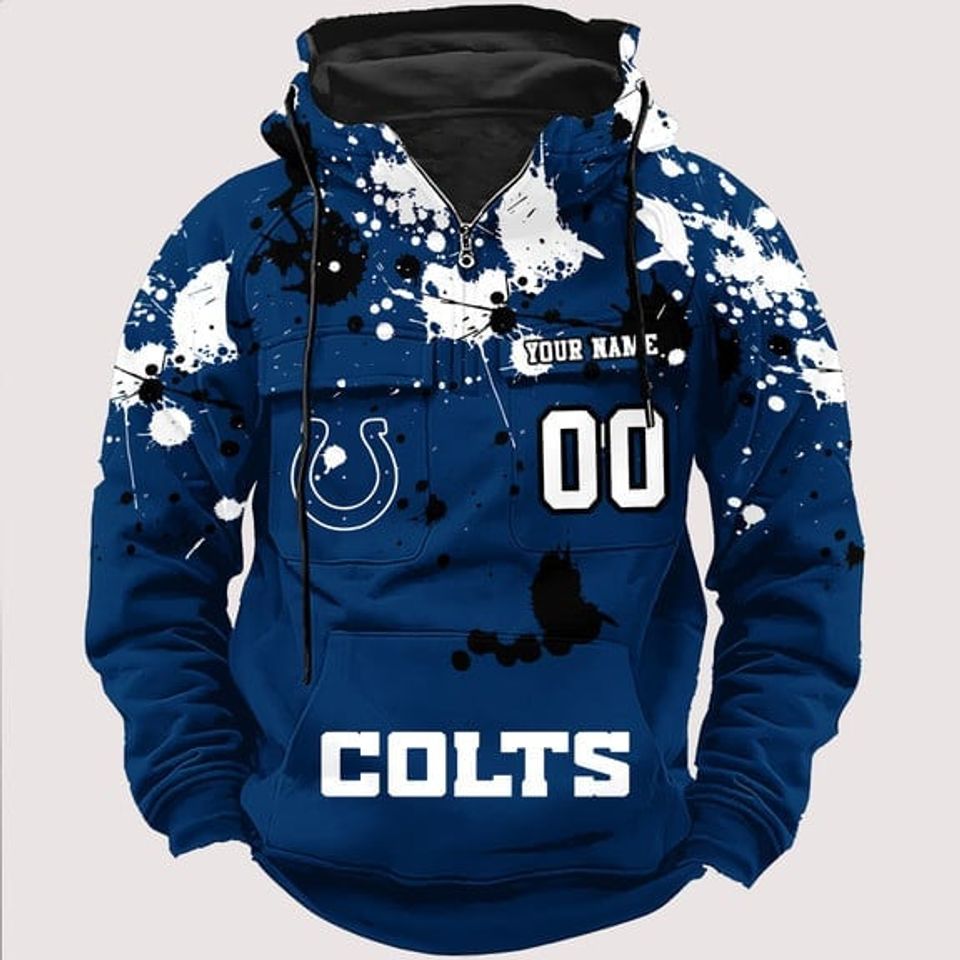 Personalized Indianapolis Colts Paint-Splatter Custom Name Number 3D Cargo Hoodie