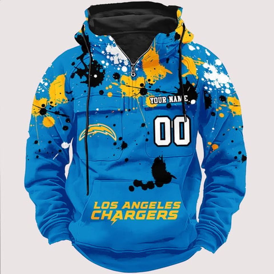 Personalized Los Angeles Chargers Paint-Splatter Custom Name Number 3D Cargo Hoodie