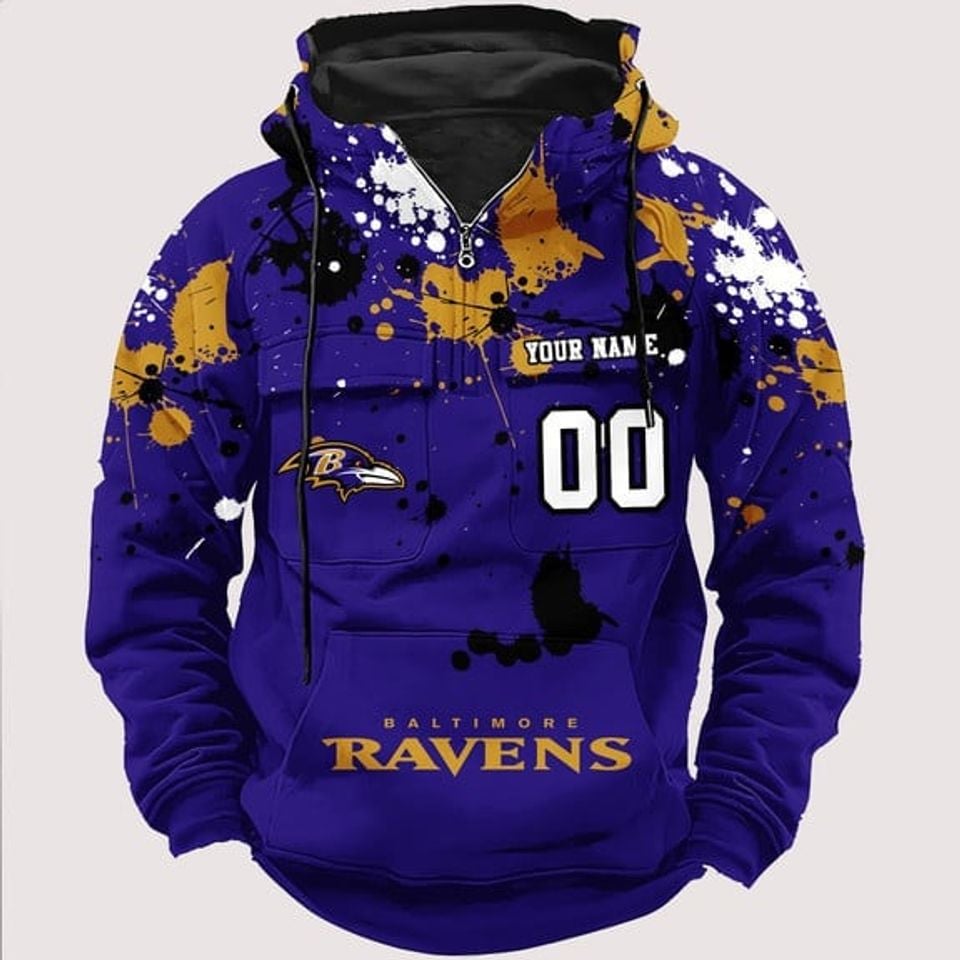 Personalized Baltimore Raven Paint-Splatter Custom Name Number 3D Cargo Hoodie