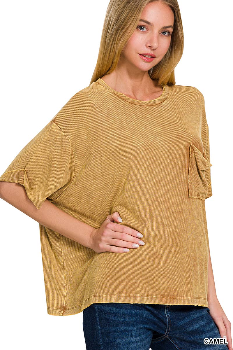 ._ SI-25952 Washed Ribbed Cuffed Sleeve Top