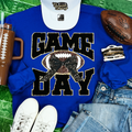 Black Chenille Game Day with Sequin Football Patch Royal Crewneck Sweatshirt