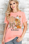 Women Fall Theme Graphic Print Mineral Wash Top